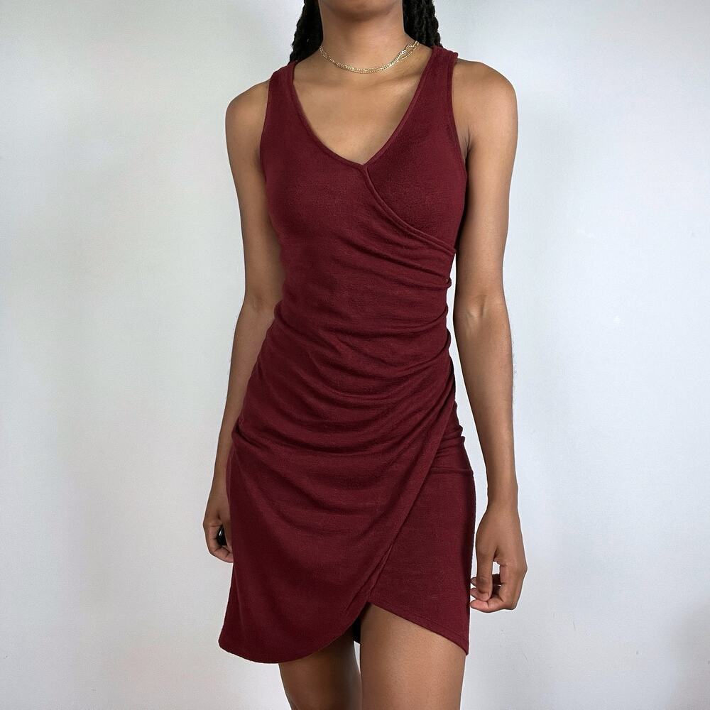 Leith Melange Wrap Ruched Dress Womens Size XS Red Dresses